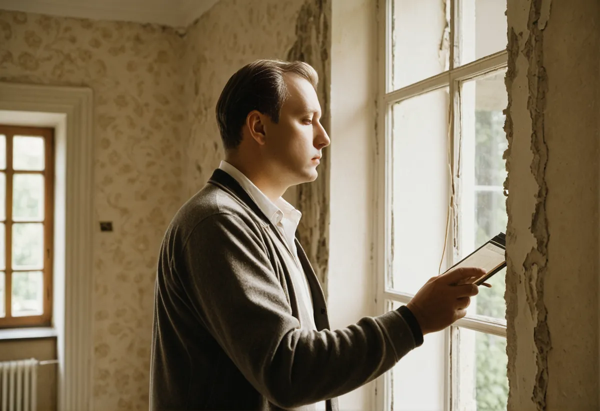 Altbau-Fassade mit teilweise abgeblättertem Putz wird begutachtet