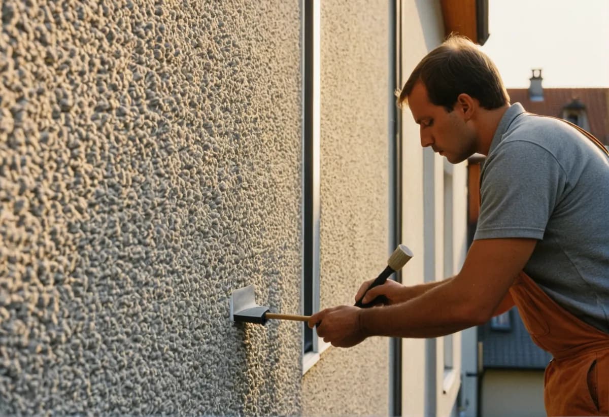 Handwerker bringt Dämmplatten an einer Hausfassade an