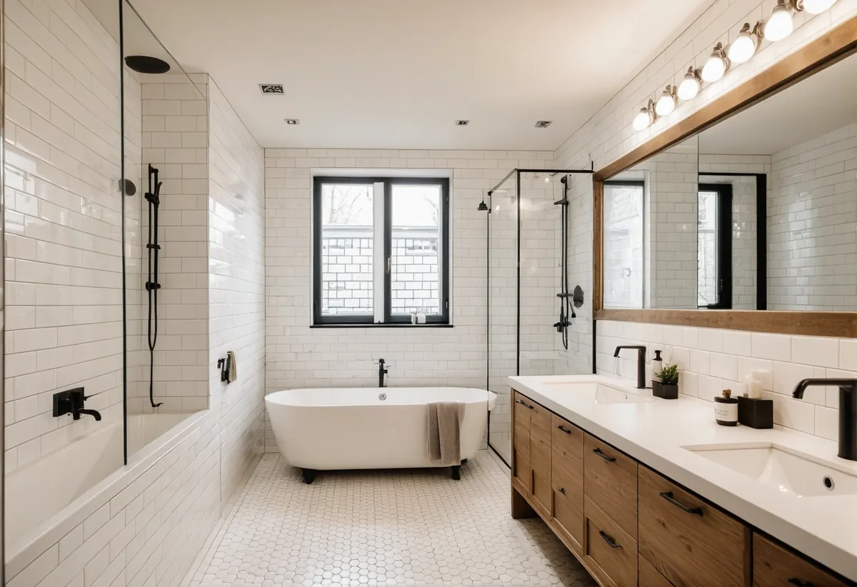 Modernes neu saniertes Badezimmer mit großformatigen Fliesen