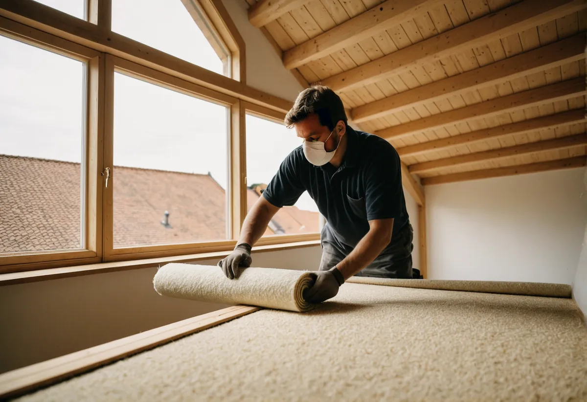 Handwerker verlegt Mineralwolledämmung auf einem Dachboden