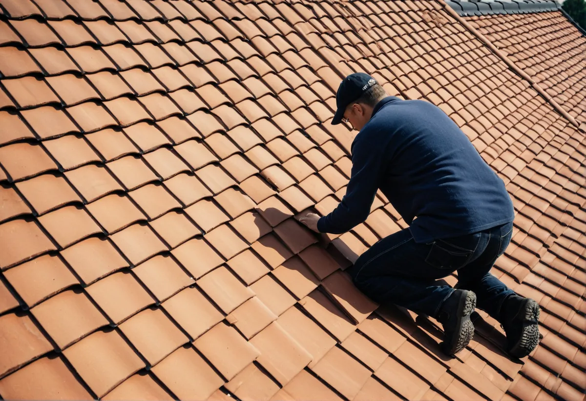 Dachdecker arbeitet an der Eindeckung eines Ziegeldachs