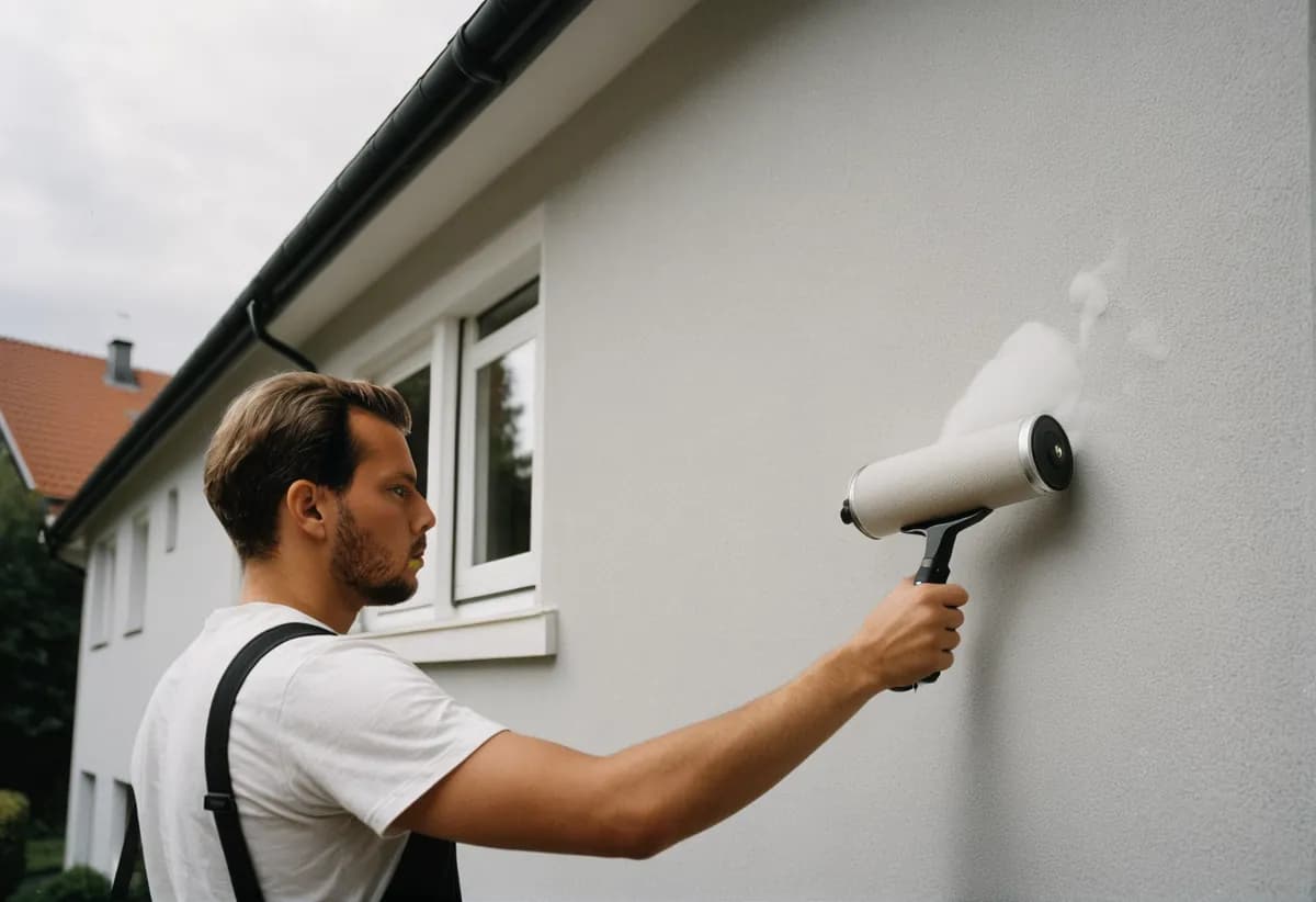 Hausfassade wird mit Reinigungsgerät von Verschmutzungen befreit