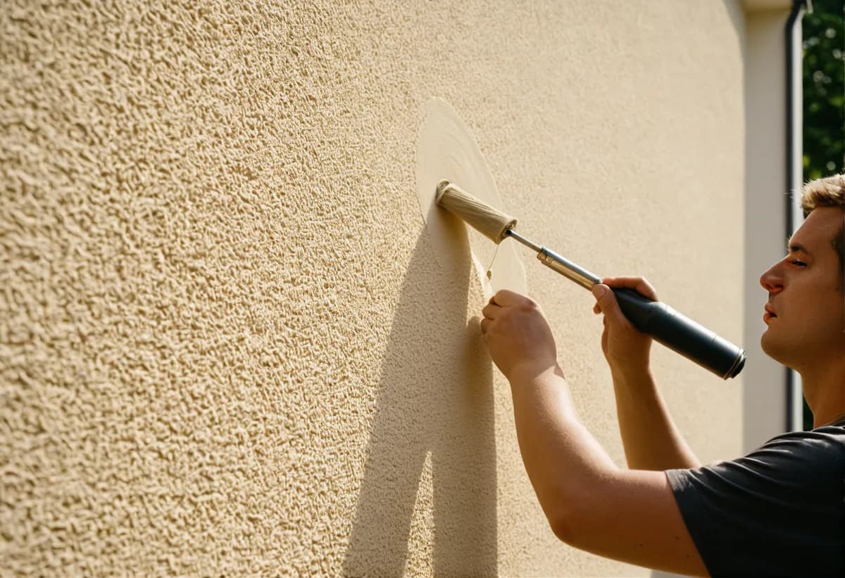 Maler streicht eine Hausfassade mit einer langen Rolle