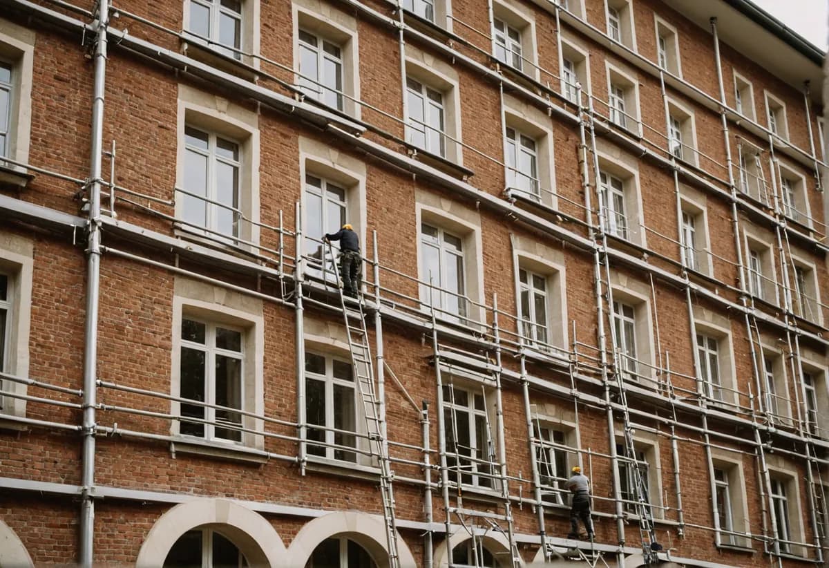 Handwerker befestigt Styropor-Dämmplatten an einer Hausfassade
