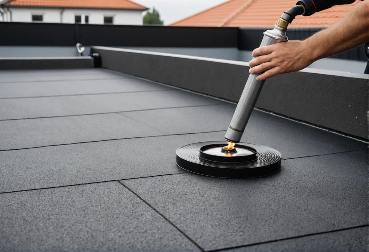 Dachdecker verlegt Bitumenbahnen auf einem Flachdach