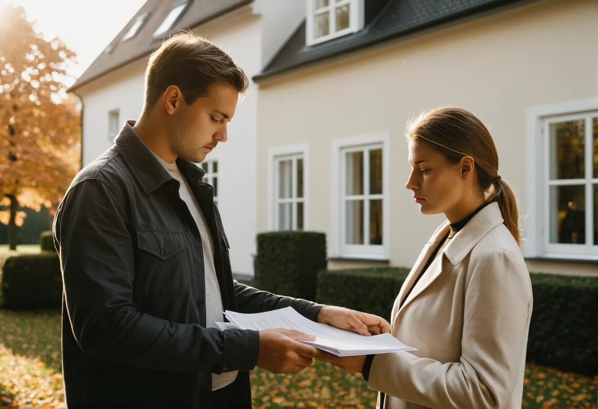 Hausbesitzer bespricht Angebot mit einem Handwerker vor dem Haus