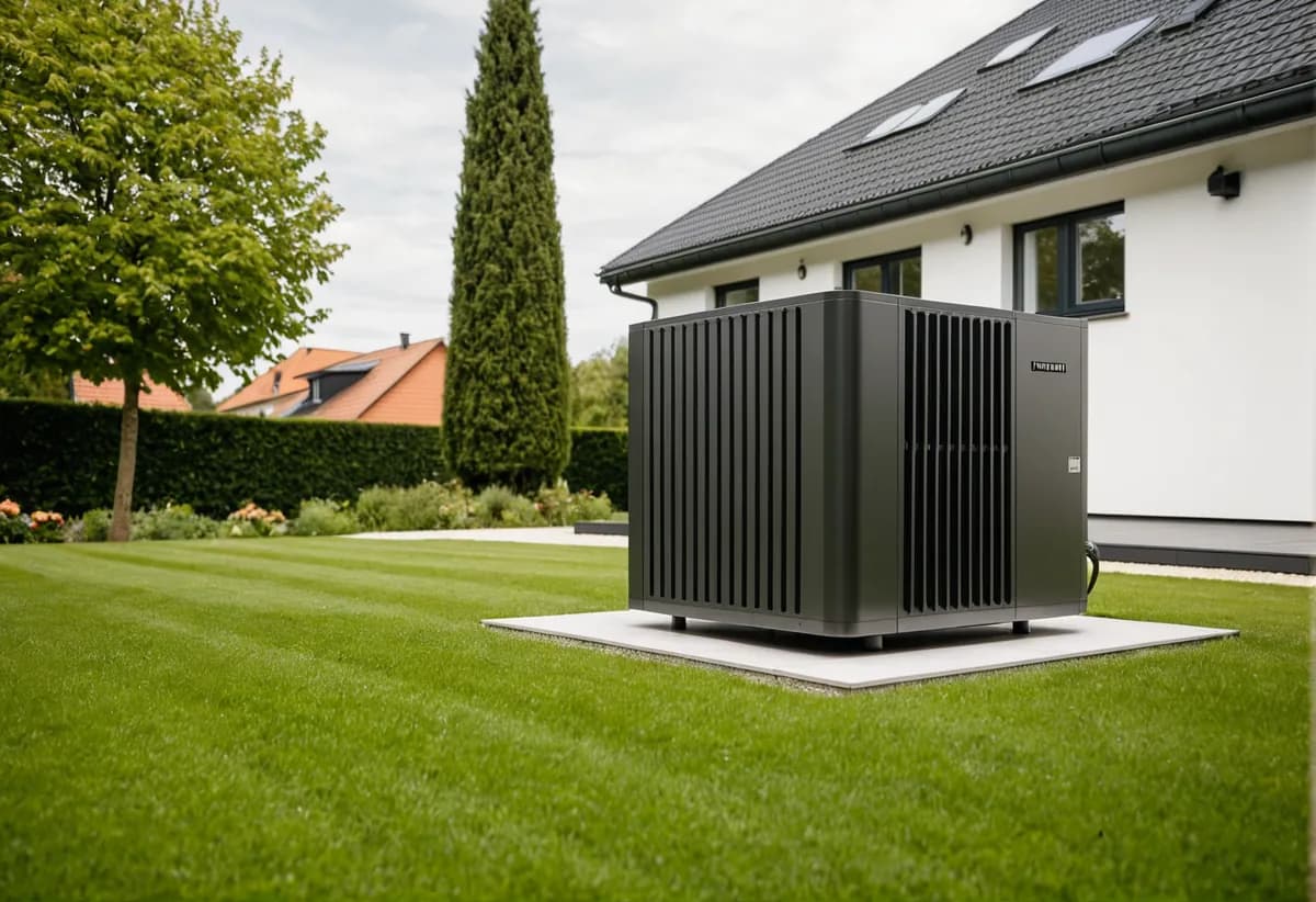 Moderne Wärmepumpe außen an einem Einfamilienhaus