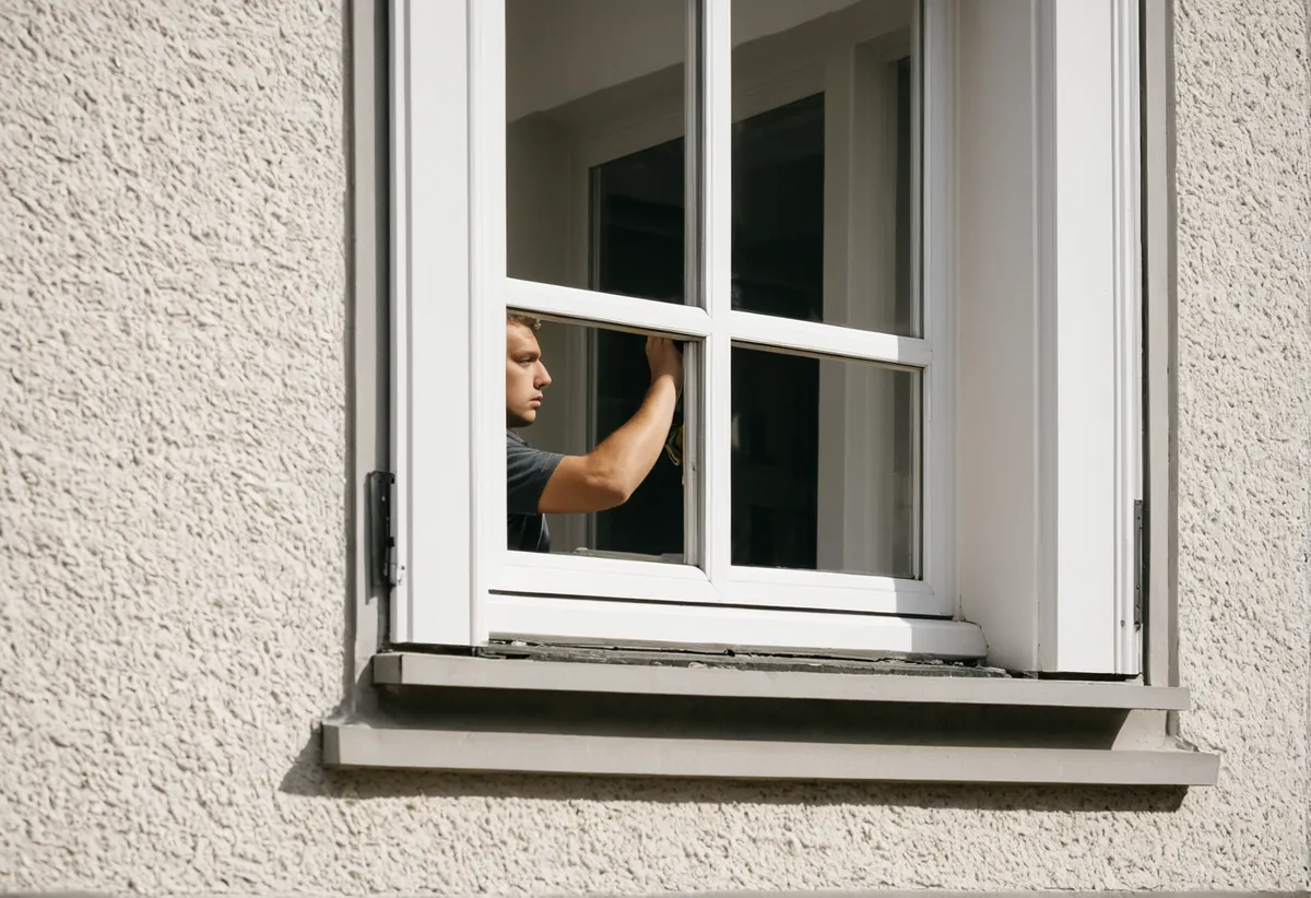 Blick auf Fenster mit geöffnetem Rollladenkasten von innen
