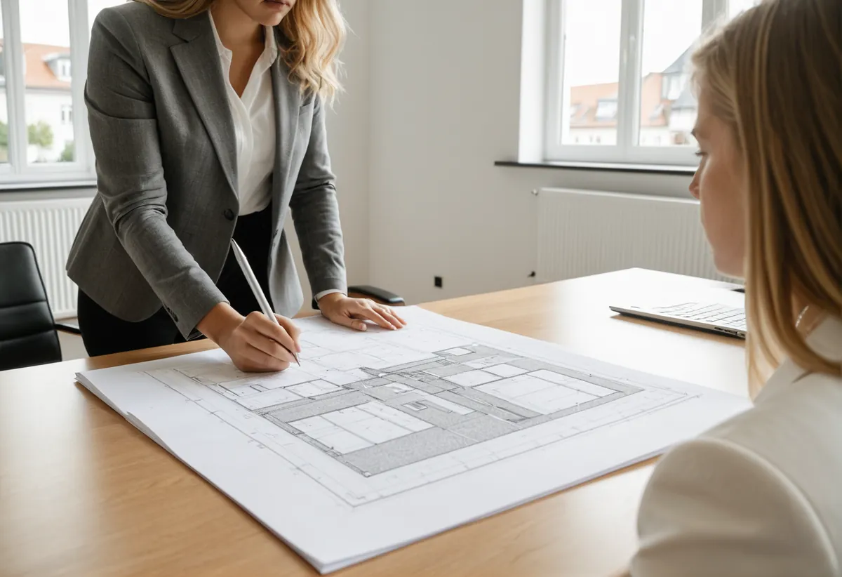 Hausbesitzer plant Sanierungsmaßnahmen mit Architekt am Tisch