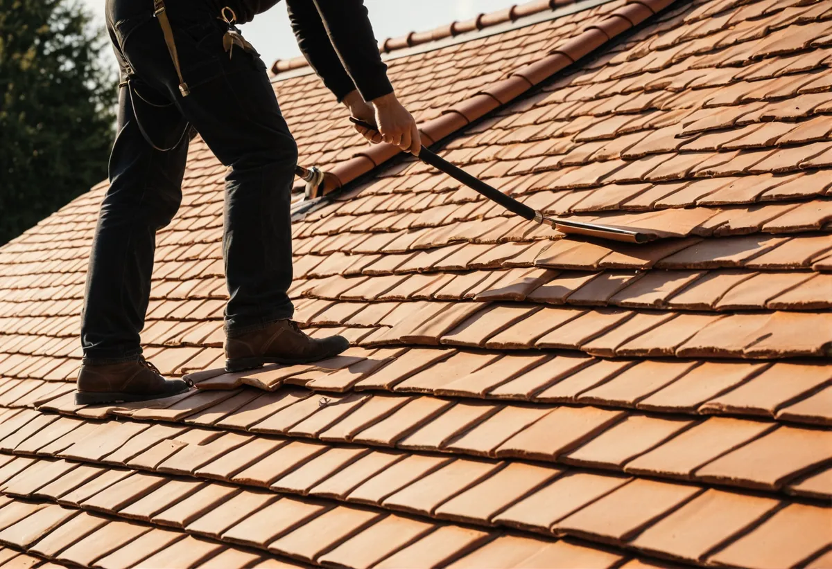 Dachdecker bei Arbeiten am Dach eines Wohnhauses
