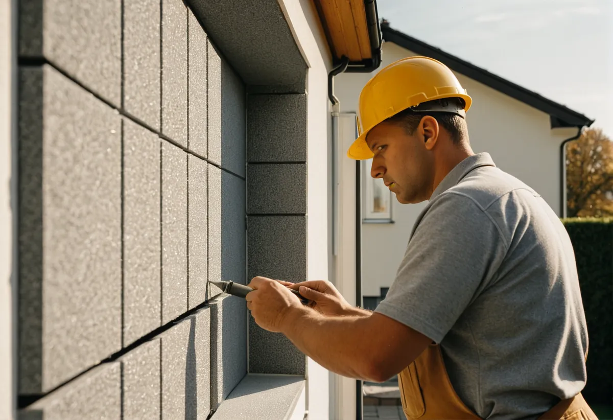 Handwerker bringt Dämmplatten an einer Innenwand im Altbau an