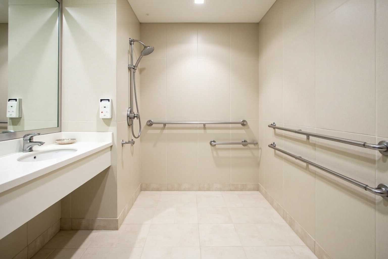 Bodenebene Dusche mit Haltegriffen in einem barrierefreien Badezimmer