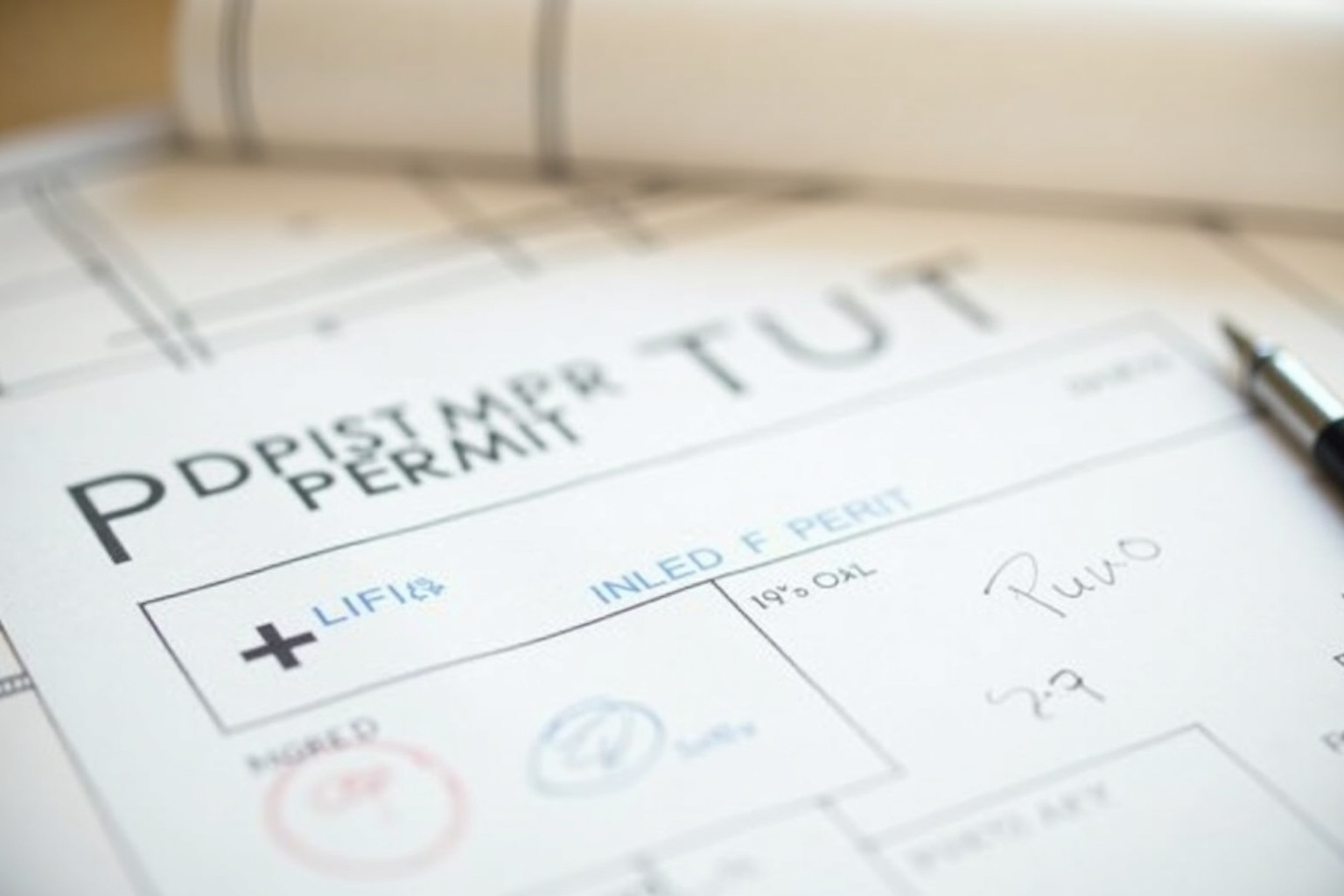 Bauantrag Dokumente auf einem Schreibtisch neben einem Hausplan