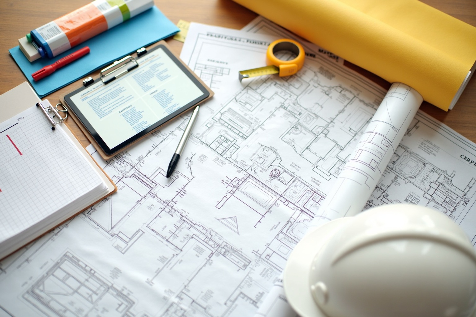 Architekt bespricht Sanierungspläne mit Bauherren auf der Baustelle