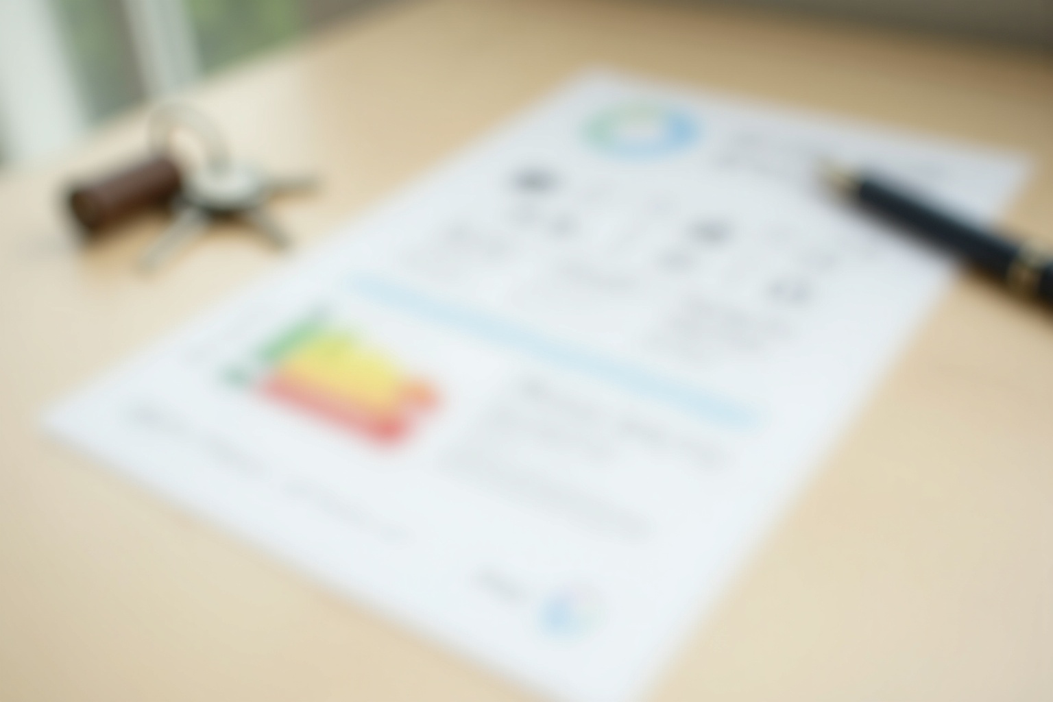 Energieausweis Dokument auf einem Schreibtisch neben Hausschlüsseln