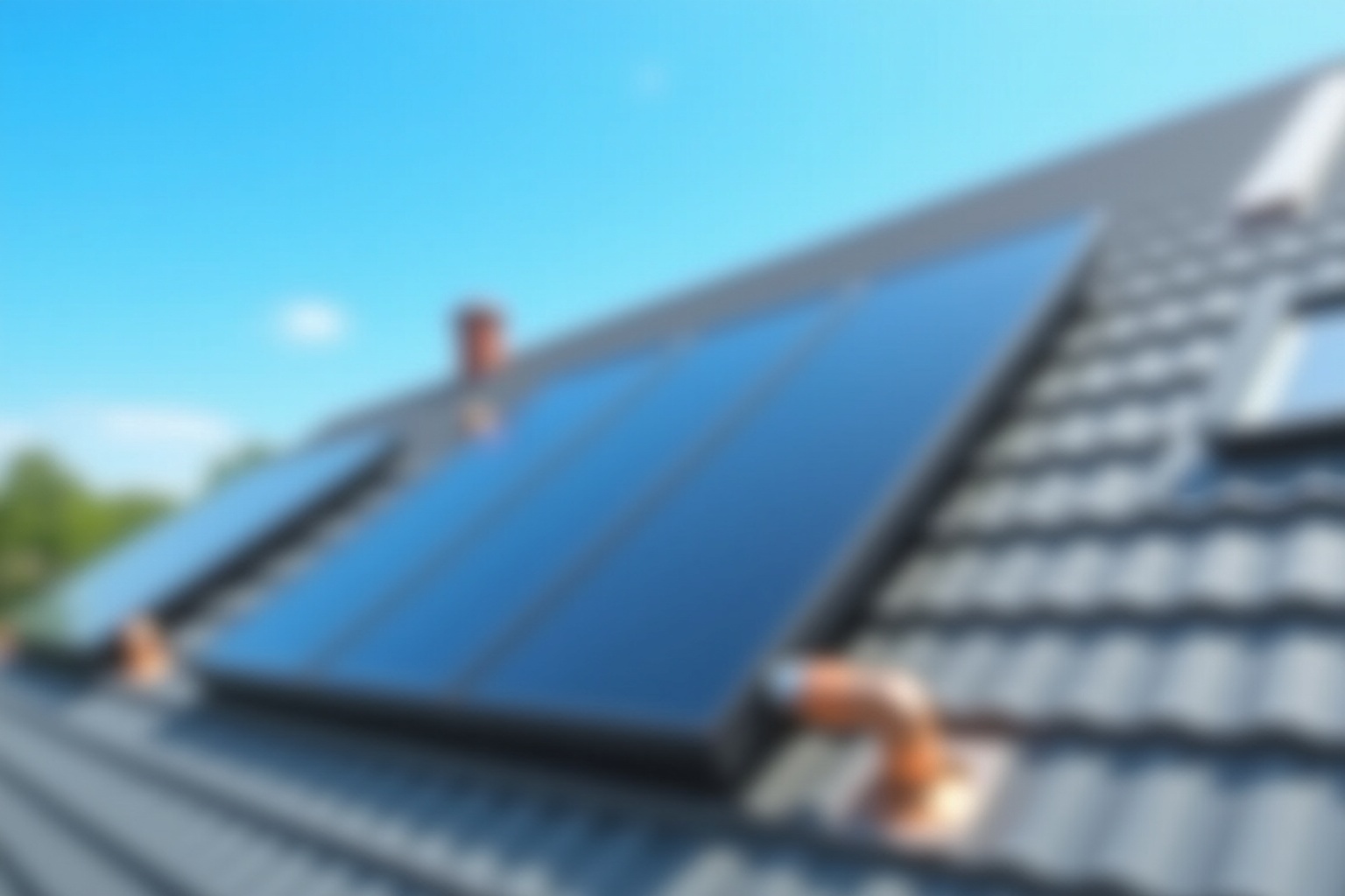 Solarthermie-Kollektoren auf einem Hausdach mit Blick auf Wärmepumpe